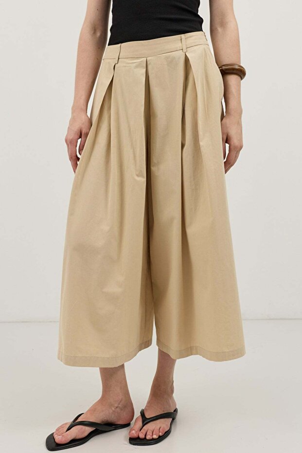 Beige Pleated Culotte Trousers