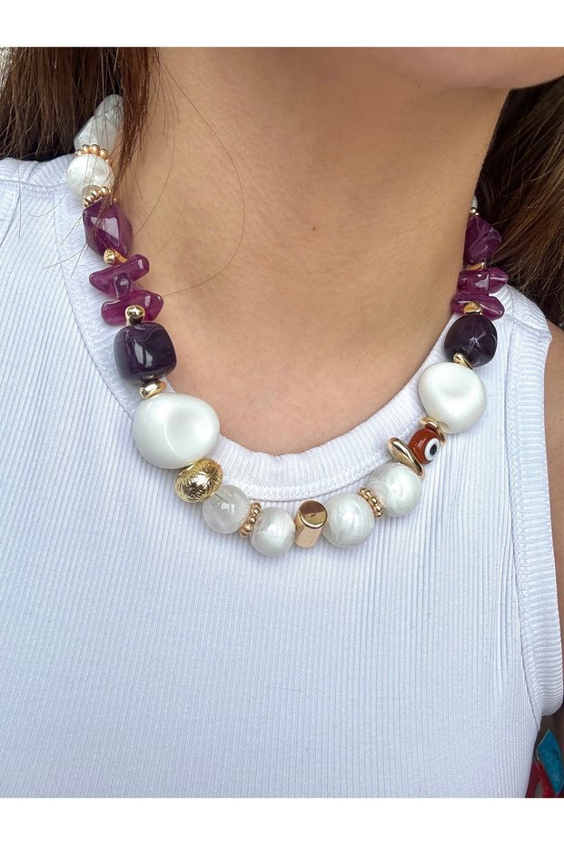 White-Purple Natural Stone Beaded Necklace