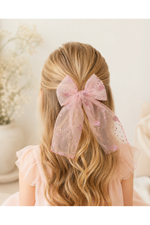 Rose Pink Heart Glitter Printed Tulle Ballerina Bow