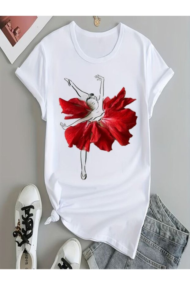 Red Floral Detailed Printed Women's T-Shirt