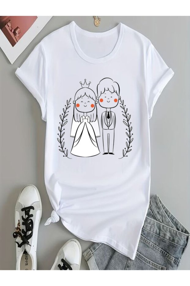 Cute Couple Printed White T-Shirt