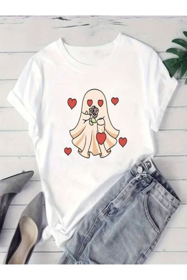 Heart Pattern Printed White T-Shirt