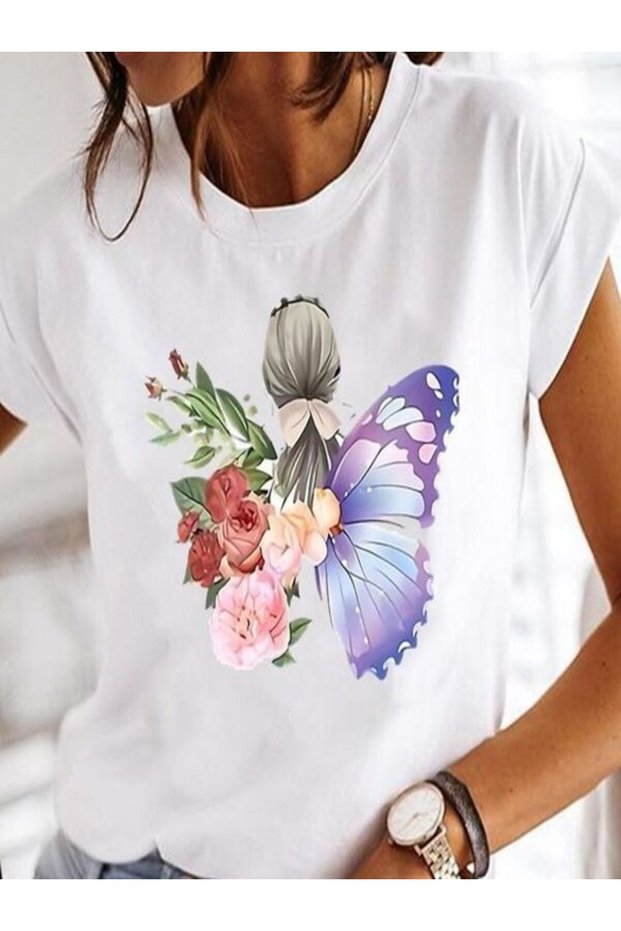 Flower and Butterfly Patterned Women's T-Shirt