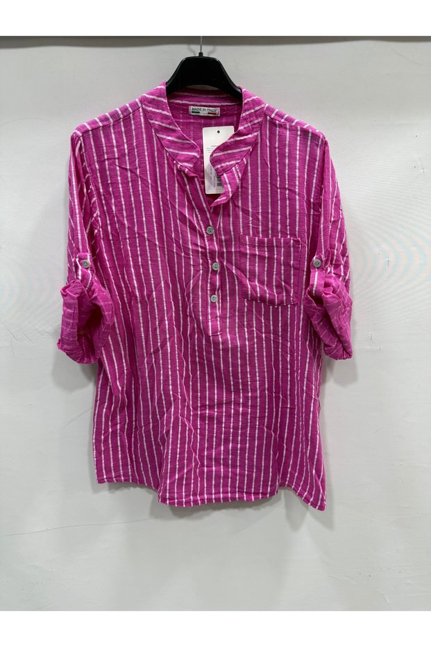 Women's Fuchsia Italian Line Pattern Court Collar Folded Fakir Sleeve Half Buttoned Blouse 40 - 44 Size
