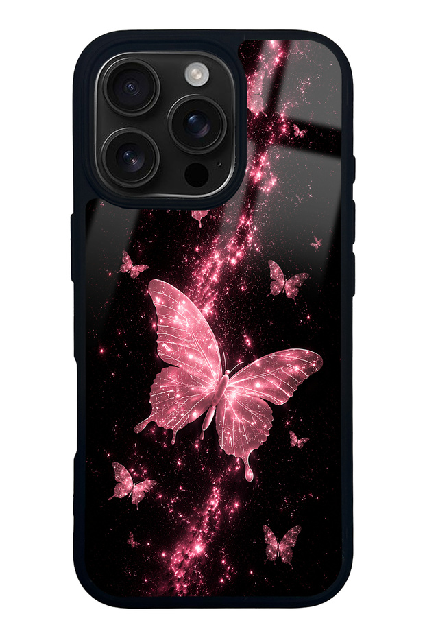iPhone 16 Pro Pink Galaxy Butterfly Design Glossy Phone Case