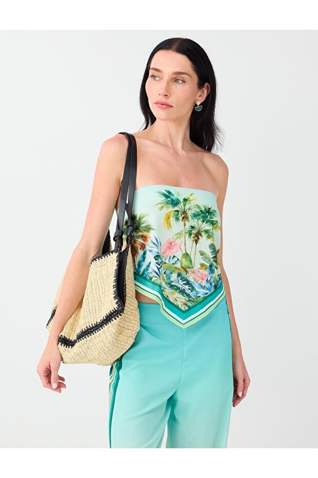 Mint Green Tropical Patterned Tie-Dye Satin Blouse