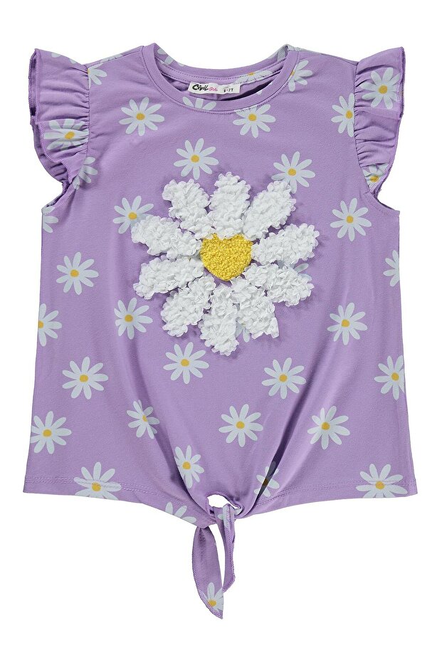 Daisy Patterned T-Shirt for 6-9 Years Old - Lilac