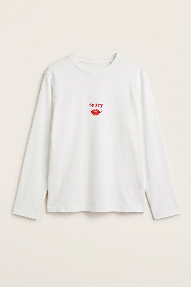 Women's Long Sleeve T-Shirt Spicy Lips Printed White – Stretchy Fabric, Comfortable Fit, Crew Neck