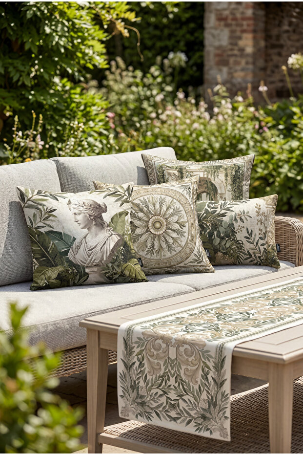 Rome Antique Khaki Green 4 Cushion Covers 1 Runner 5-Piece Set Cushion Cover Set. Table Set Double-Sided Throw Pillow Cover Digital Printing