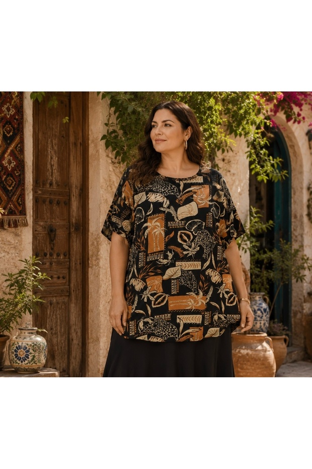 Women's Collar Printed Patterned Viscose Flexible Plus Size Oversized Short Sleeve Blouse