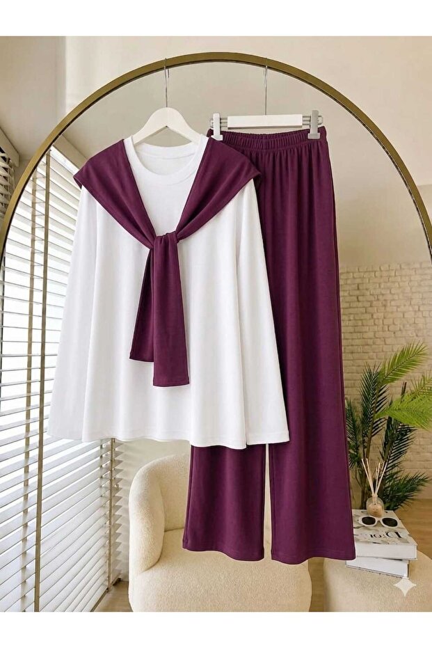 Women's Shawl Detailed Trousers Set -0575