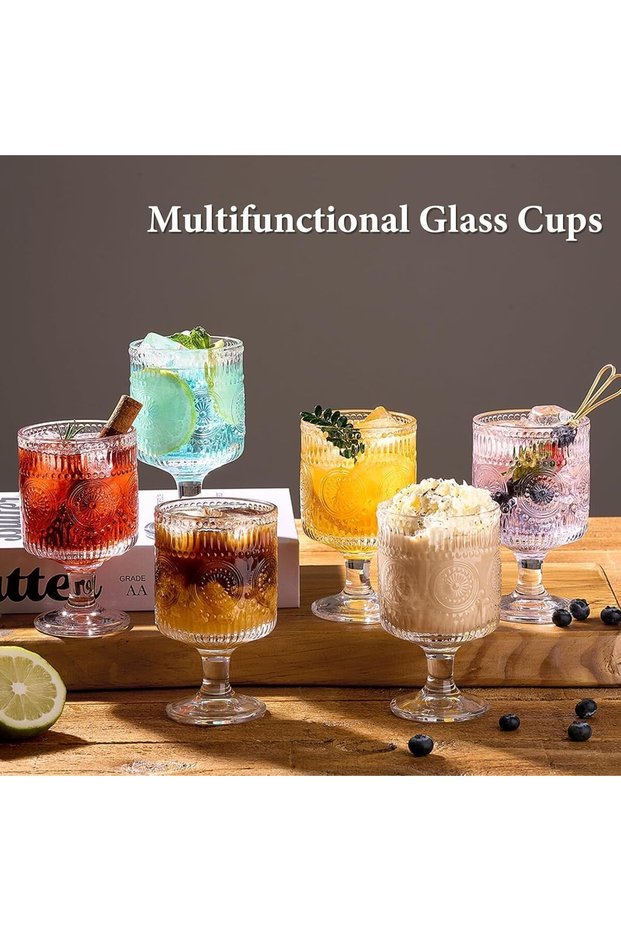 6 Packs Vintage Goblet Glasses, 8 oz Wine Glasses, Embossed Floral Glass Cups Set