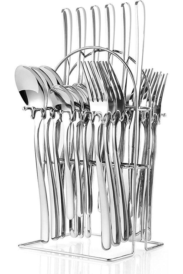 24-Piece Stainless Steel Flatware Set with Hanging Silverware Holder, Service for 6 Cutlery Set with Spoons Forks Knives, Dishwasher Safe Tableware for Home and Kitchen