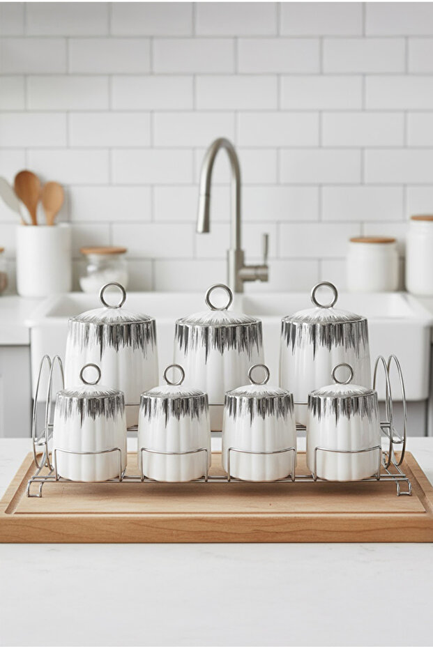 Porcelain Spice Jar Set 7 Pieces with Silver Detail and Metal Stand Kitchen Storage Jar