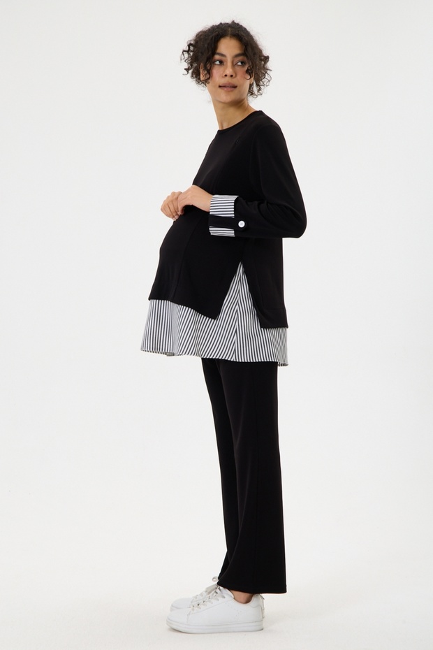 Maternity 2-Piece Set Oysho Fabric, Skirt with Striped Pattern and Garnish, Double Zipper Detail (Breastfeeding), Wide Leg Pants with Adjustable Waist