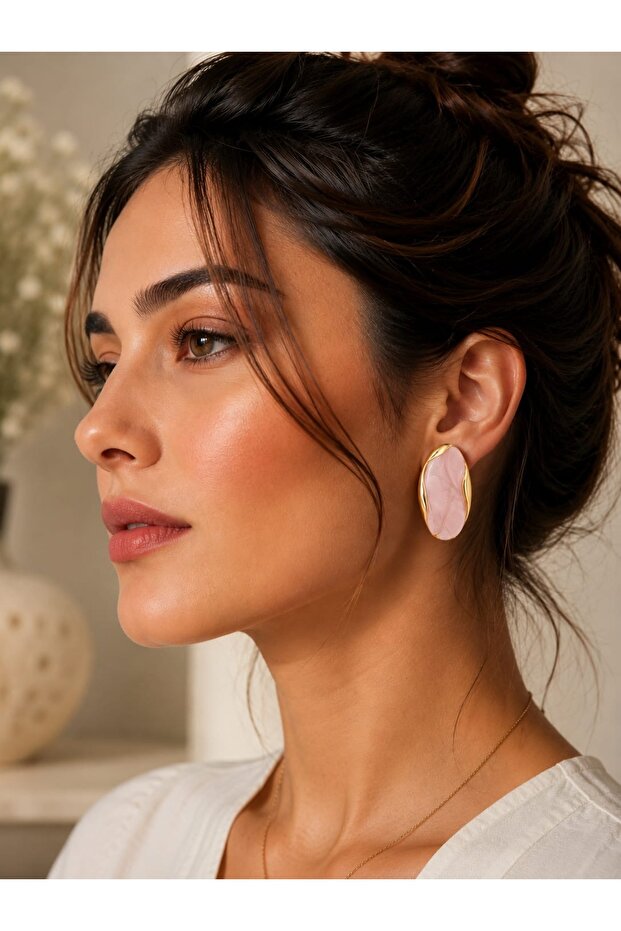 Gold Framed Pink Stone Design Women's Earrings