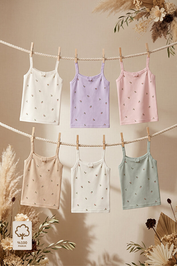 - 6-Piece Girls' Tank Top Set with Straps | 100% Cotton | Floral Patterned
