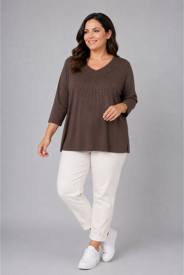 V-Neck Stoned Plus Size Viscose Blouse Brown