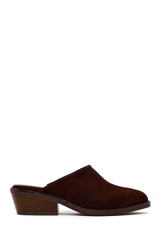 Women's Brown Mule Open-Back Thick Heeled Suede Leather Slippers 26Pfd201810