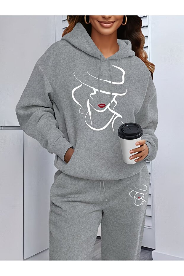 Unisex Hooded Women's Figure Printed Oversize Hooded Tracksuit Set