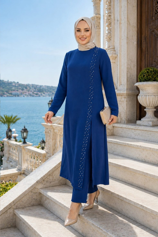 Women's Pearl Embellished Blue Tunic-Pants Two-Piece Set