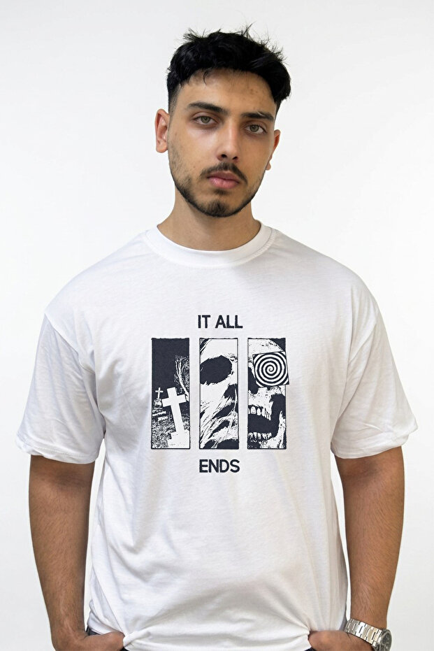 Skull Graveyard Design Printed Oversize White T-Shirt