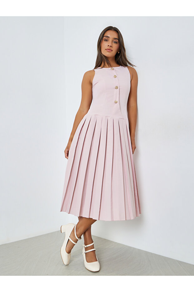 Pink Pleated A-Line Midi Dress
