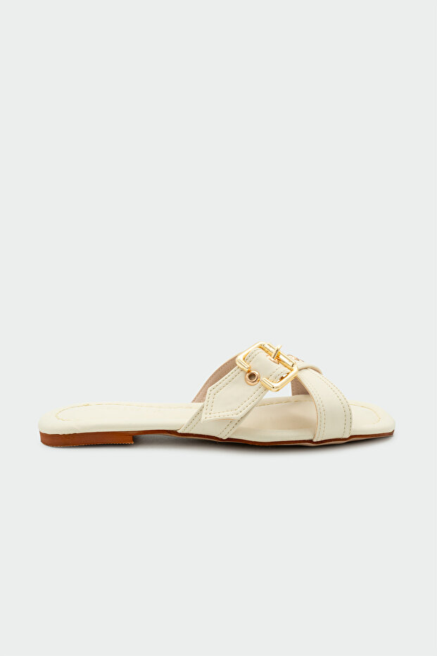 Miles Buckle Detailed Women's Ecru Flat Slippers