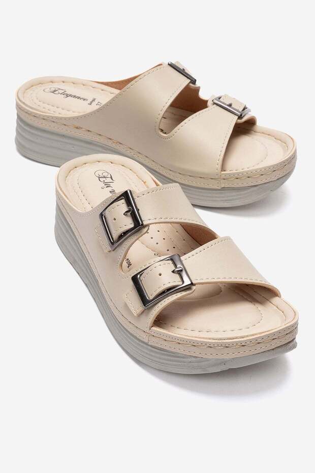 2 Buckle Women's Slippers Beige