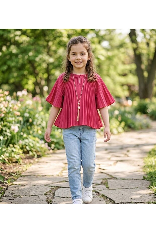 Girl's Trendy Pleated Bat Sleeve Blouse with Accessories