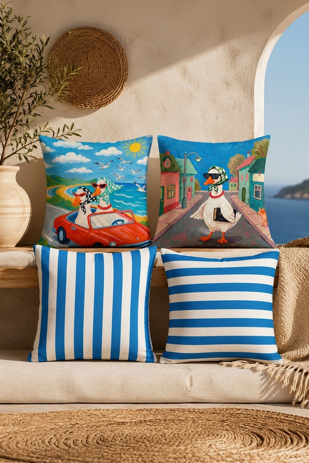 Traveling Ducks Patterned 4-Piece Throw Pillow Cover Set