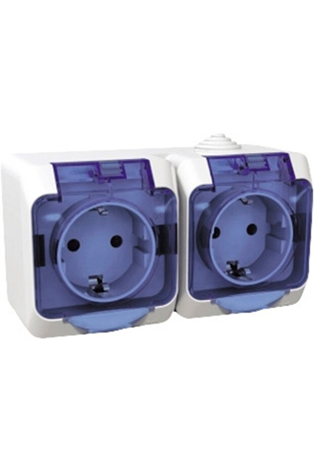 Double socket with earthing Schneider IP44 blue, horizontal surface mounting