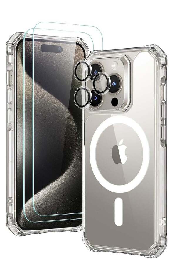 iPhone 15 Pro Case, MagSafe Compatible, 2 Screen & 1 Camera Lens Protectors, Clear