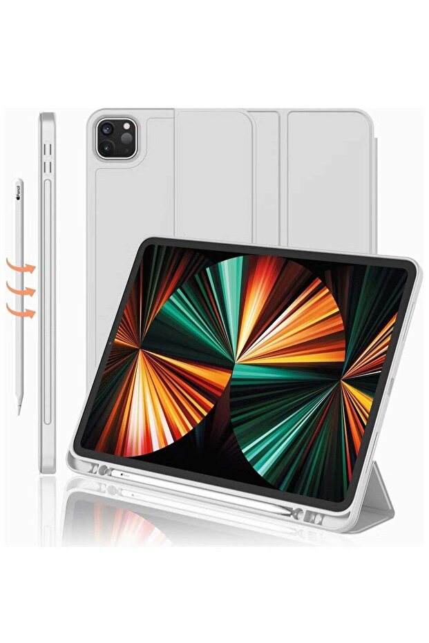 iPad Pro 12.9 Case (2022/2021, 6th/5th Gen) with Pencil Holder – Trifold Stand, Auto Wake/Sleep, Soft TPU Back, Supports 2nd Gen Pencil Charging, Silver Gray