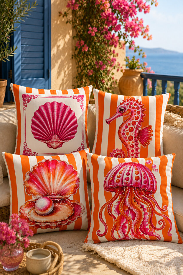 **Marine Themed Decorative Throw Pillow Covers Set of 4 – Orange Striped Modern Pillowcases with Shell, Seahorse, Oyster, and Jellyfish Patterns 43X43 Cm** –Double-Sided