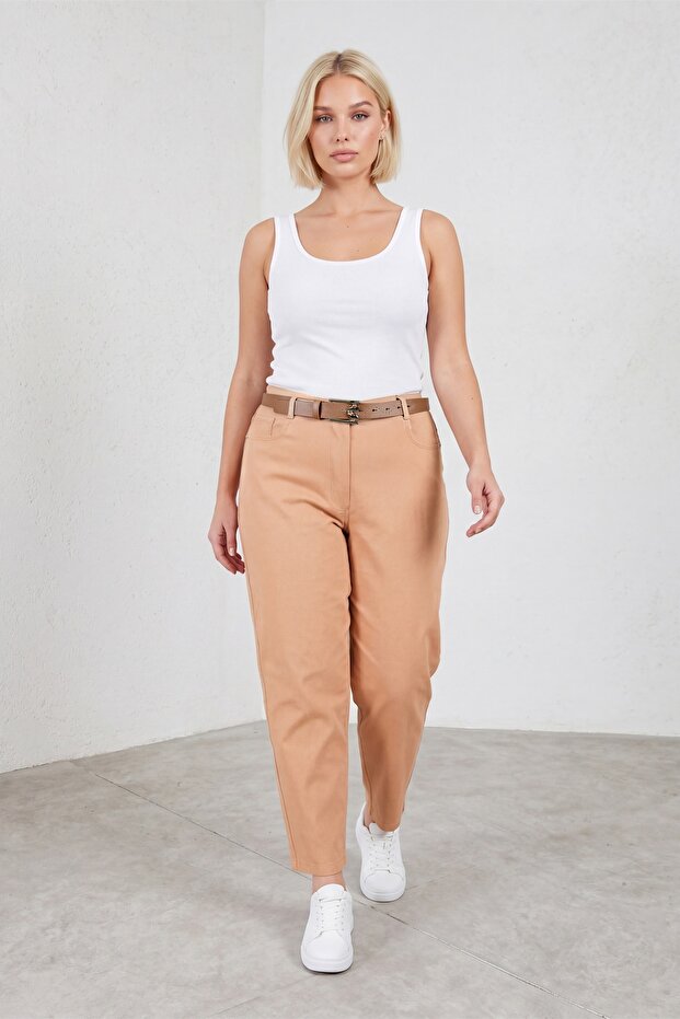 Women's Beige Summer High Waist Denim Trousers with Special Belt