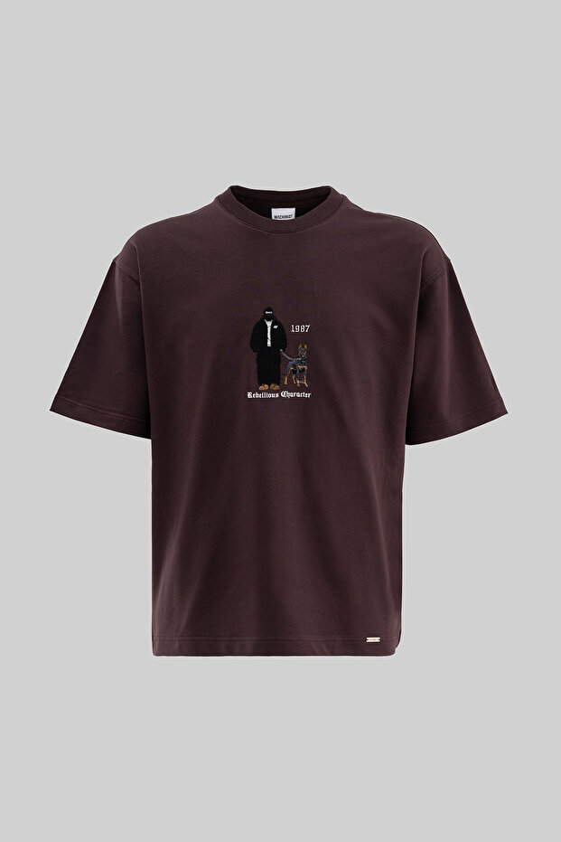 Men's Rebelious Character Oversize T-Shirt Brown