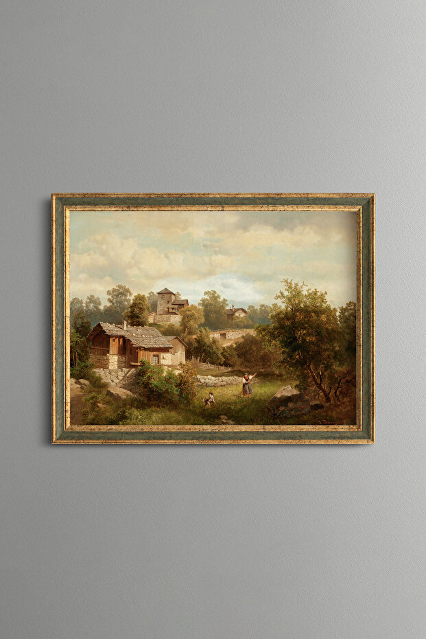 Alpine Landscape with Farmers - Vintage Patterned Painting - Fine Model
