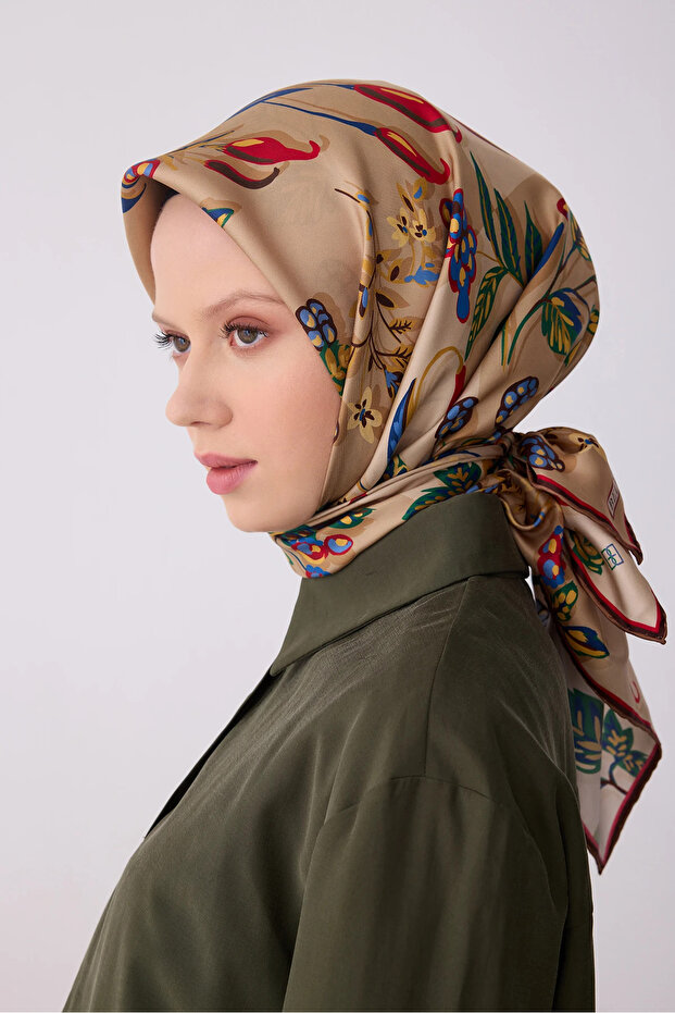 Twill Silk Patterned Scarf 4320D Floral Pattern 82-Camel-Multicolor