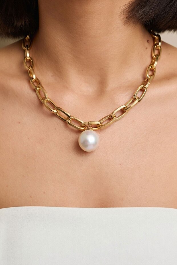Women's Gold Wide Chain Pearl Bulk Necklace