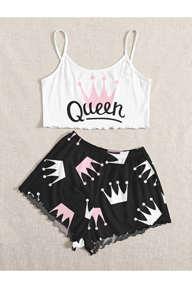 طقم بيجامة شورت الحمالات PinkWhite Queen Supersoft Basic Jersey