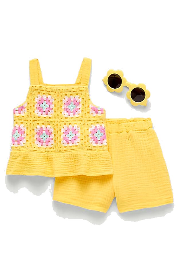 Baby Girl Yellow Knitted Detailed 2-Piece Summer Set with Shorts