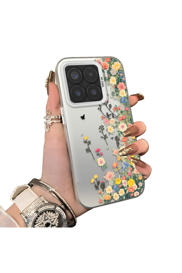 Mi 15 5g Compatible Silicone Edge Hard Back Case Couple Phone Case with Floral Pattern