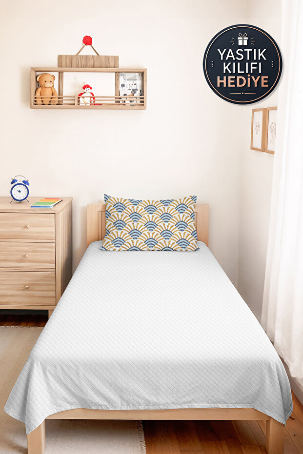 Geometric Blue Young Room Single Pique Set - Mustard Retro 160X220 cm Quilted Bedspread