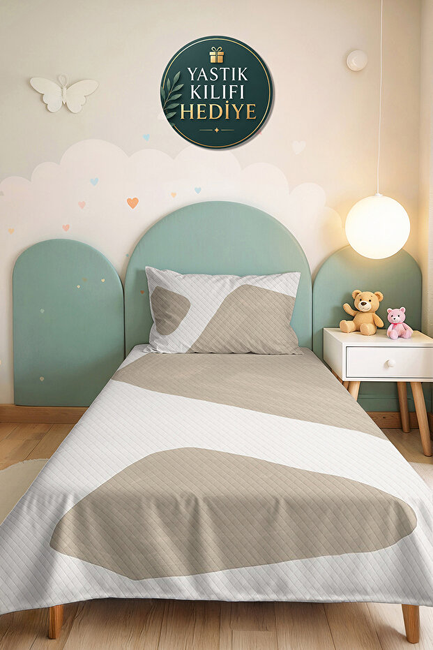 Beige Geometric Young Room Single Pique Set - Ecru Minimal 160X220 cm Quilted Bedspread
