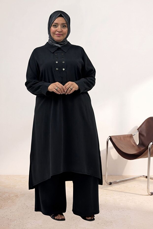 67055 Plus Size Snap Fastener Cupra Pants Set - Black
