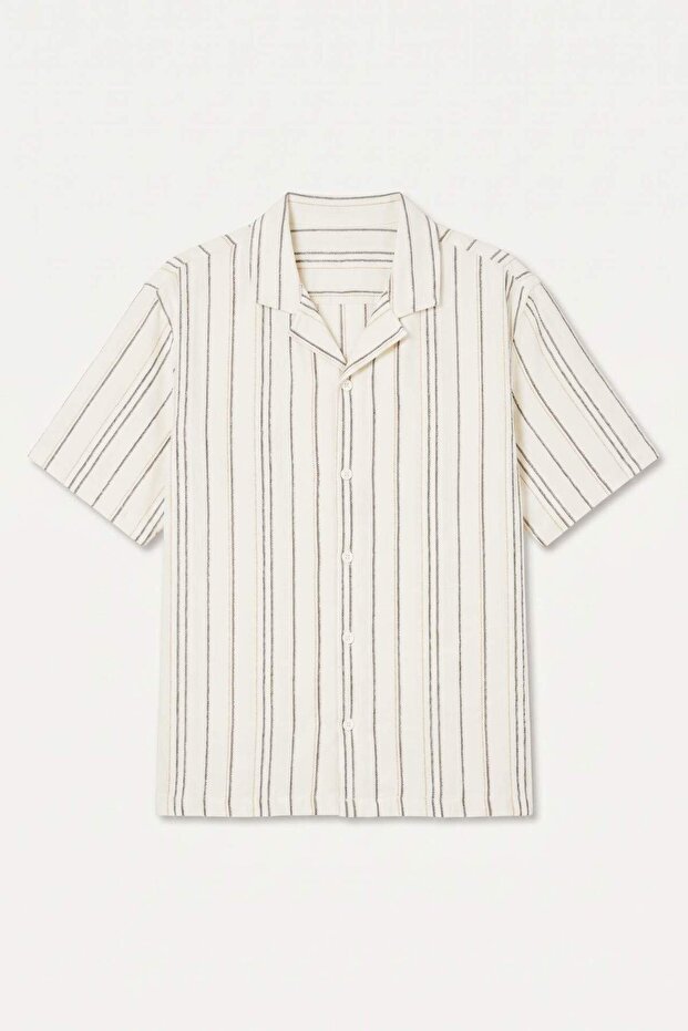 100% Cotton Boxy Fit Apaş Collar Short Sleeve Striped White Shirt G4138Ax26Sm