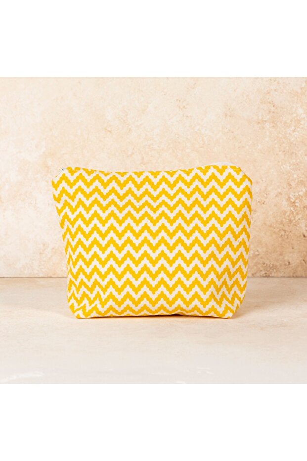 Handmade Cotton Yellow Zigzag Patterned Organizer/Makeup Bag - Zippered and Gusseted Care Bag - Pen Holder