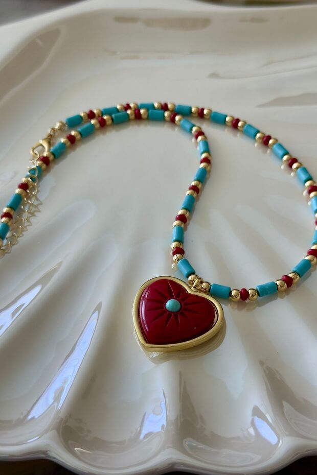 Blue and Red Stone Heart Detailed Necklace