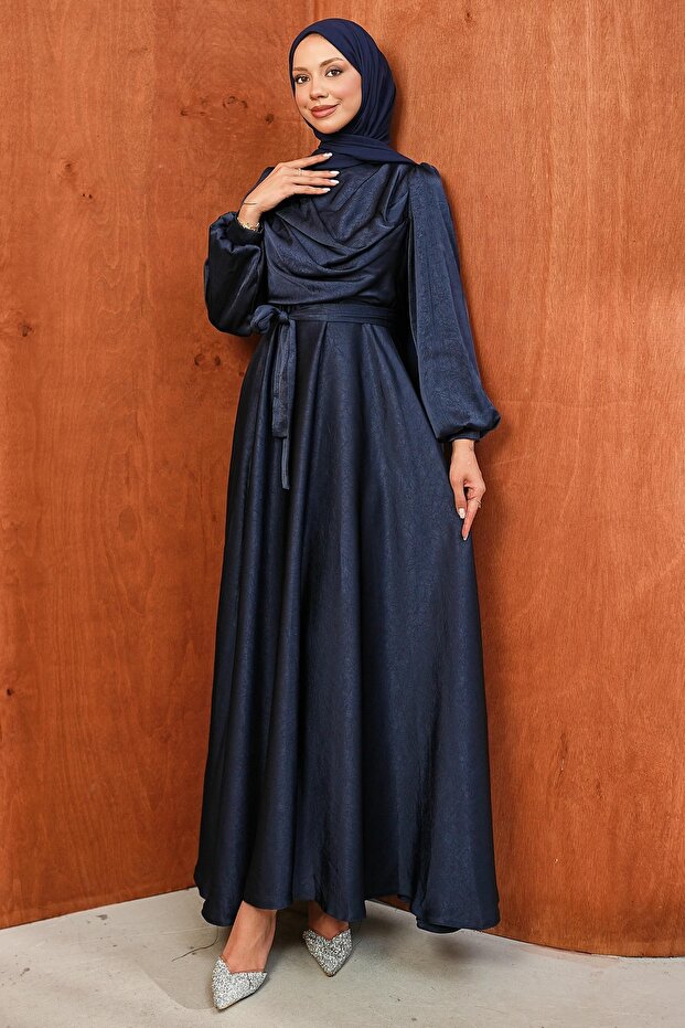 Navy Blue Belted Patterned Satin Evening Dress